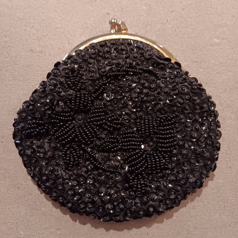 Vintage Hand Made Mid Century Black Beaded and Sequin Coin Purse